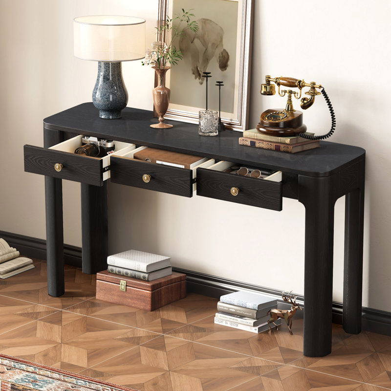 Console rétro classique avec 3 tiroirs et pieds en bois massif Solstice, Noir