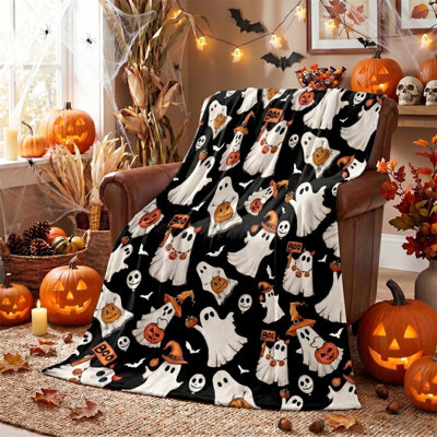 Halloween Flannel Blanket Throw, Ghost Boo Jack-O-Lantern Pumpkin Skulls Soft Fuzzy Plush Cozy Fleece Blankets for Couch Sofa Bed Lounging, Ideal Gifts for Adults Wife Self, 50x40