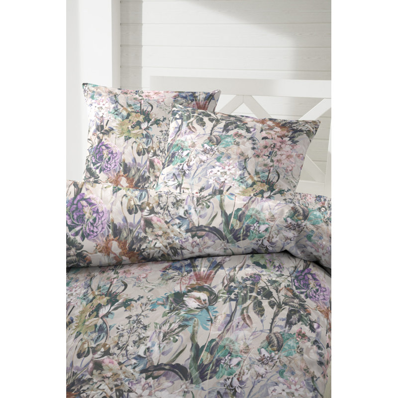 Kurie Cotton Floral Duvet Cover Set with Pillow Shams Included, 155 x 220 cm - 1 Pillowcase (80 x 80 cm), Beige