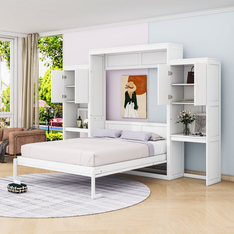 Grand lit escamotable avec bureau intégré, coiffeuse et armoires de rangement, Blanc