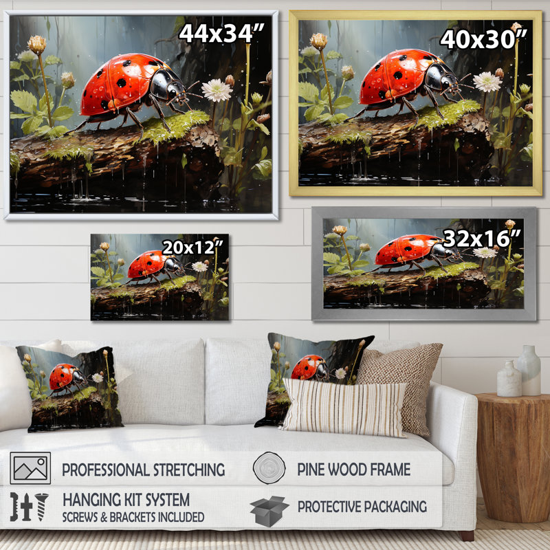 «Botanical Landybug Harmony II», reproduction sur toile, Cadre flottant blanc, H 12 po x l 20 po x P 1 po