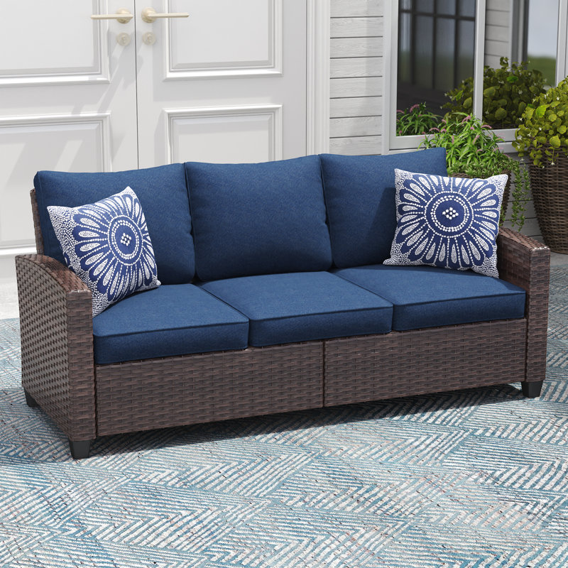 71" Hand-Woven Wicker Outdoor Sofa, Brown, Navy