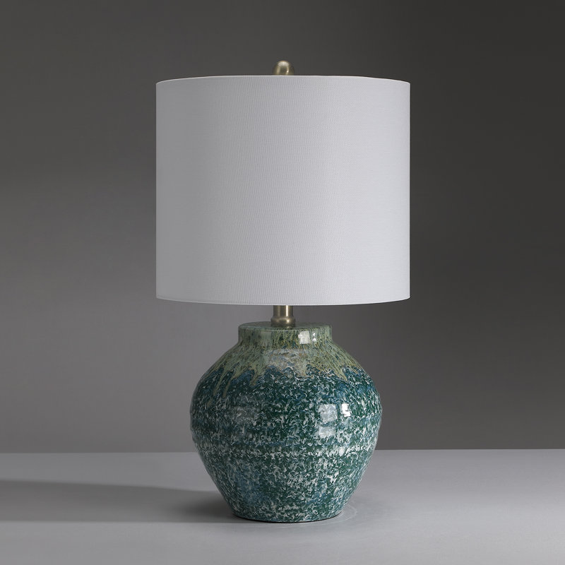 19in. Green Ceramic Table Lamp With Drum Shade