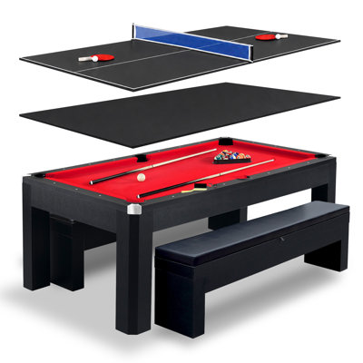 Table de billard 7 pieds Hathaway Park Avenue - Table de jeu 3 en 1 avec table de ping-pong réversible et plateau de salle à manger - Comprend les accessoires de jeu et deux bancs - Coins chromés, finition noire, feutre rouge