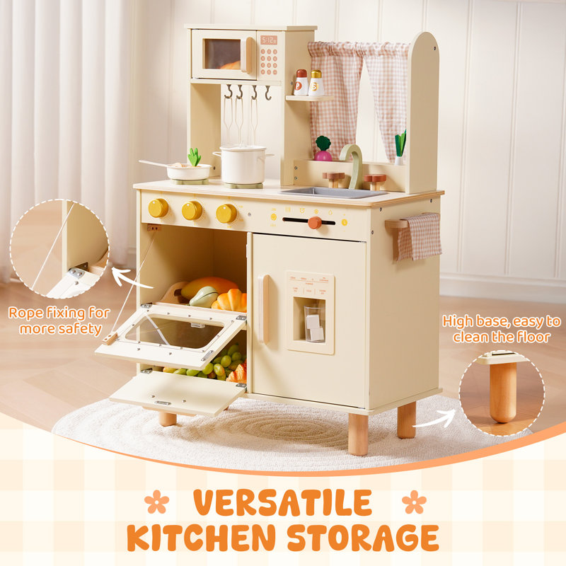 Wooden Kitchen Playset for Kids, Pretend Play Kitchen with Microwave, Sink, Oven, Chalkboard & Plant Kits, Beige
