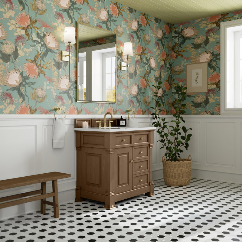Brookfield 36'' W Single Vanity, White Zeus, Widespread, Pecan