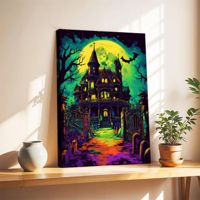 Tableau pop art d'Halloween représentant un manoir victorien hanté et un cimetière, avec des néons éclatants. Grande toile tendue sur châssis pour salon ou chambre.