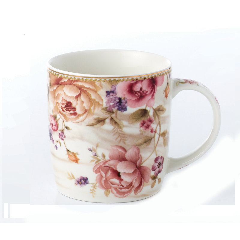 Set of 4 Pink Floral Ceramic Coffee Mugs