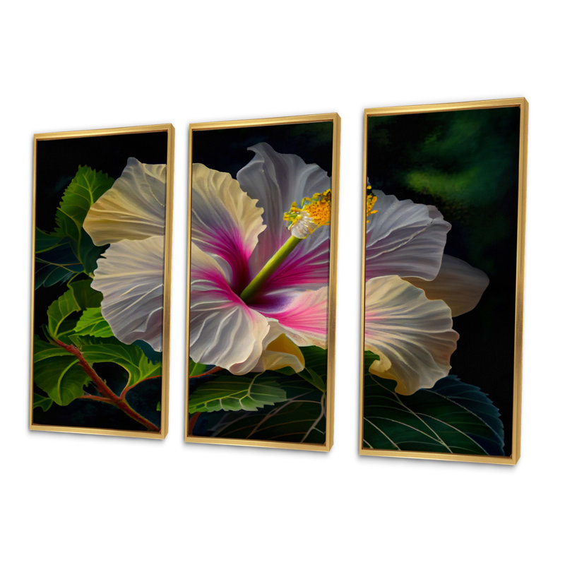 Blooming Pnk and Whte albscus - 3 pièces sur toile, L 48 po x H 32 po, Toile avec cadre doré