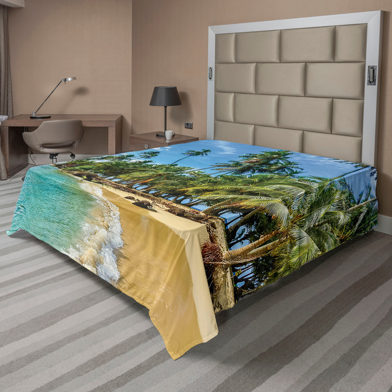 Drap plat Ambesonne Tropi Beachy Palmiers vue avocat vert pâle sarcelle, Drap plat de taille double