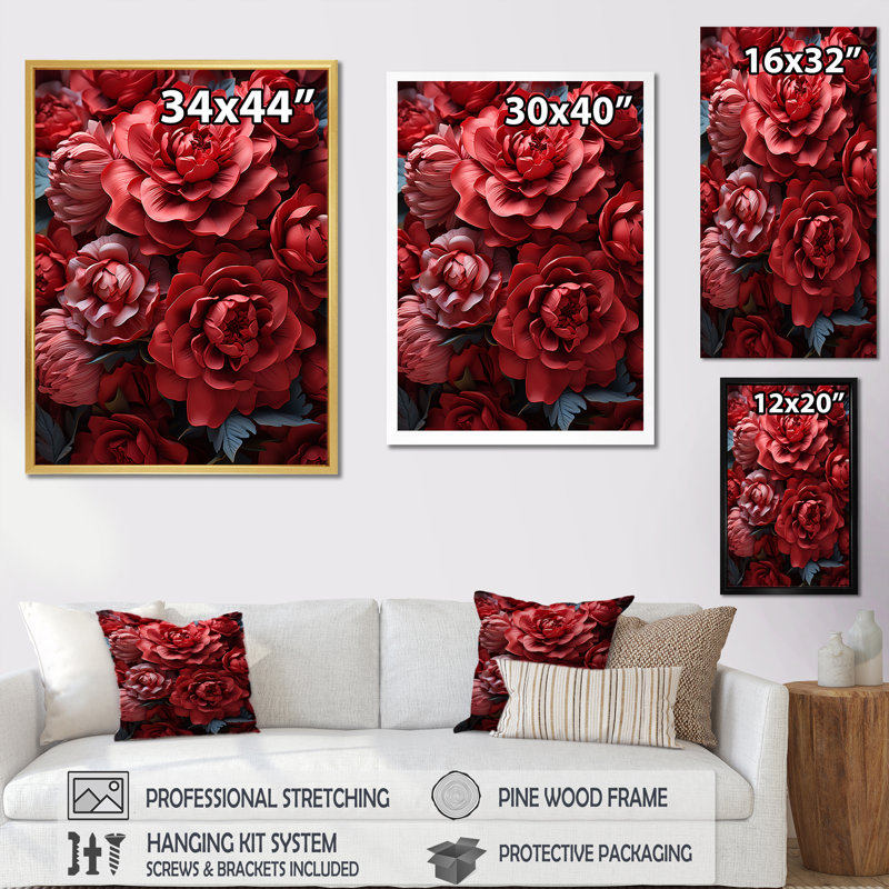 «Crimson Peony Elegance I», reproduction sur toile, H 40 po x l 30 po x P 1,5 po, Cadre flottant noir