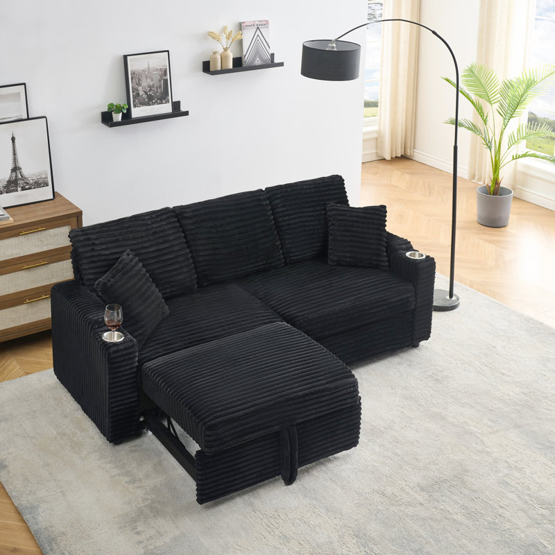 80 pouces en velours côtelé 80 pouces avec fonction pliable et variable, porte-gobelet, 2 coussins, fonction cachée noire dans l'espace de vie, pour se détendre dans la pièce