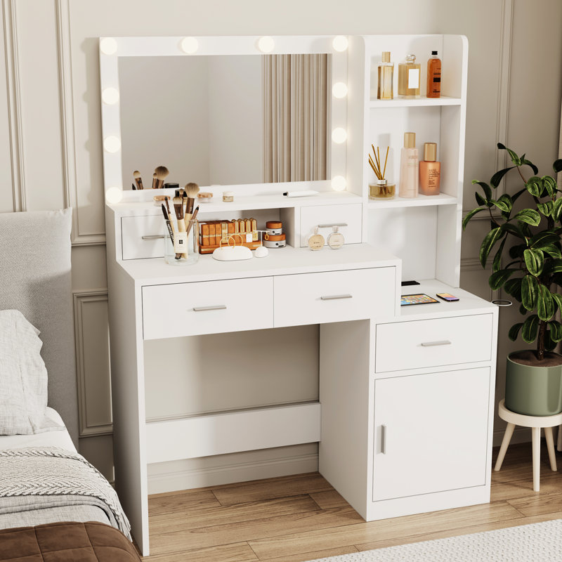 Modern Dressing Table With Adequate Storage And Lights For Bedroom Use Functional Drawer Hidden Compartments