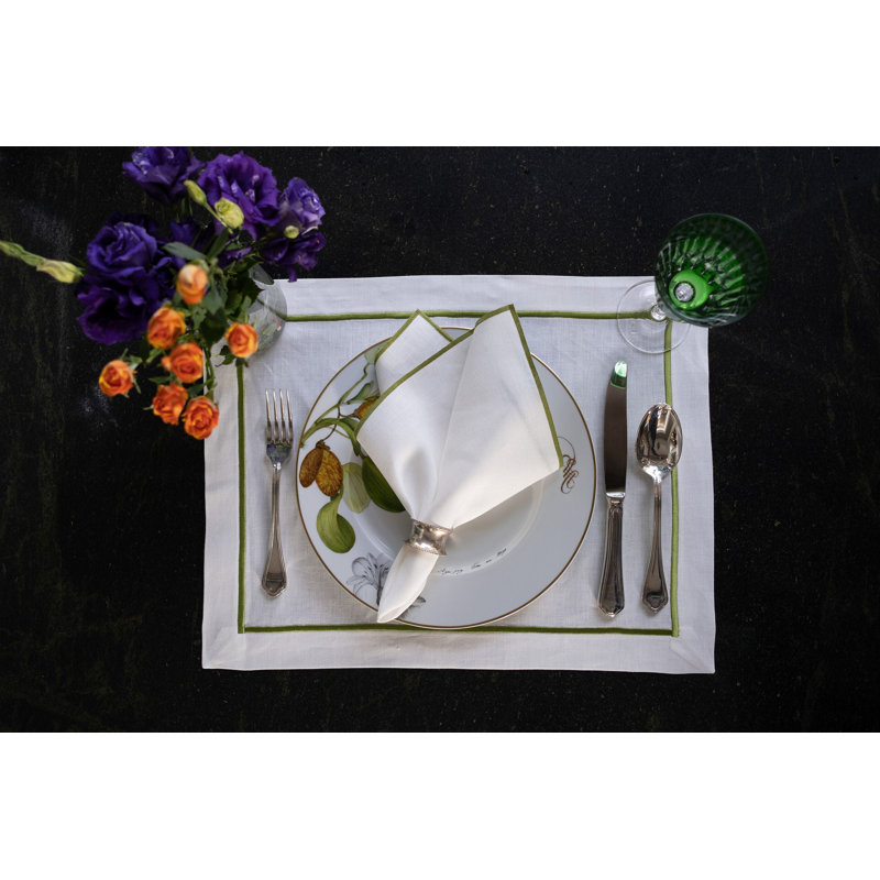 Linen Square Napkin, White/Green