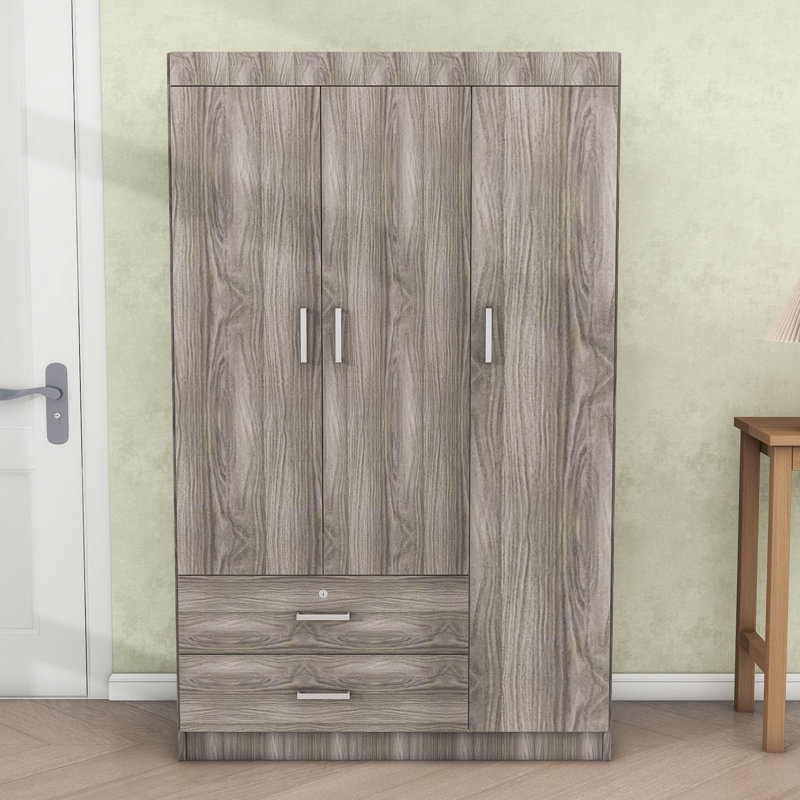 Armoire 2 tiroirs en bois avec 3 portes et tablettes Jovaun, Gris délavé