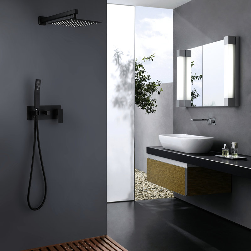 Système de douche pour salle de bain noir mat - Tête de pluie de 12 po. Meuble de luxe mural. Corps en laiton pour boire de l'eau salubre. Ajustement à une poignée. 2 têtes, valve à disque en céramique. Bras de 15,75 po, robinet à boyau de 59 po