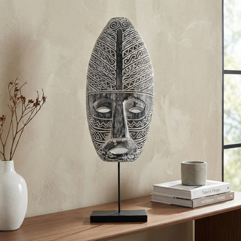 21 "en bois sculpté à la main masque tribal primitif sur support, Blanc/Noir