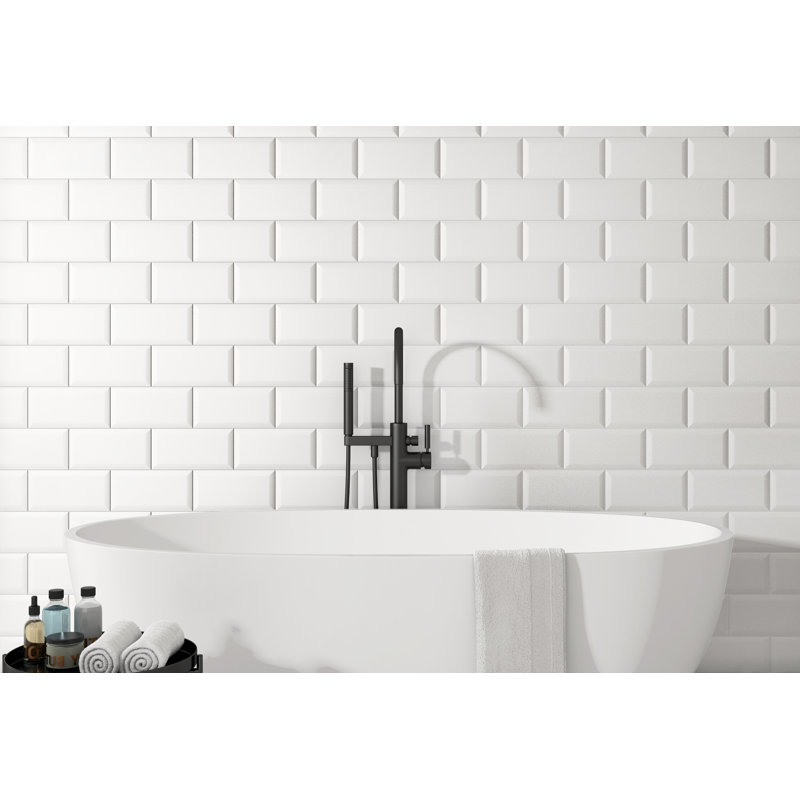 14.7 x 14.7 cm Beveled Porcelain Tile, White