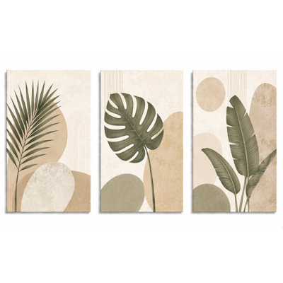 Très grand ensemble de 3 impressions murales minimalistes tropicales sur toile de palmier, feuille de bananier Monstera, décoration botanique abstraite, impression sur toile 24 x 36 pouces - prête à être accrochée