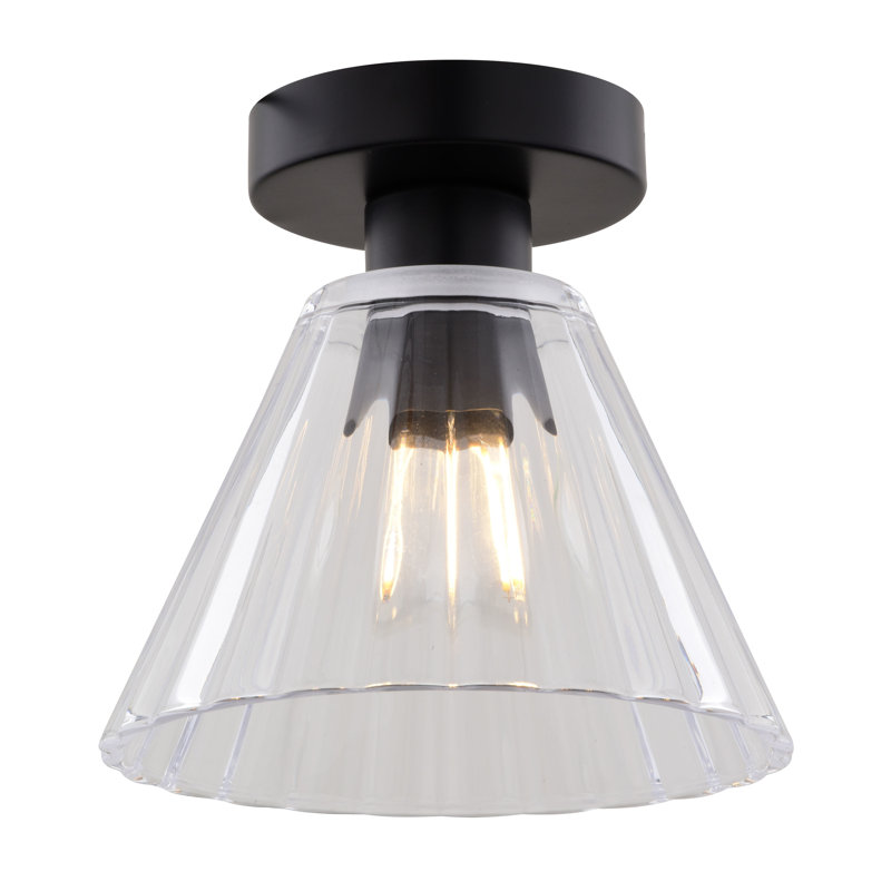 Hertford 1-Light 8 In. Wide Matte Black Transitional Cone Flush Mount Lighting Fixture, Clear Ribbed Glass Shade, LED Compatible, For Low Ceilings, Bedroom, Hallway, Kitchen