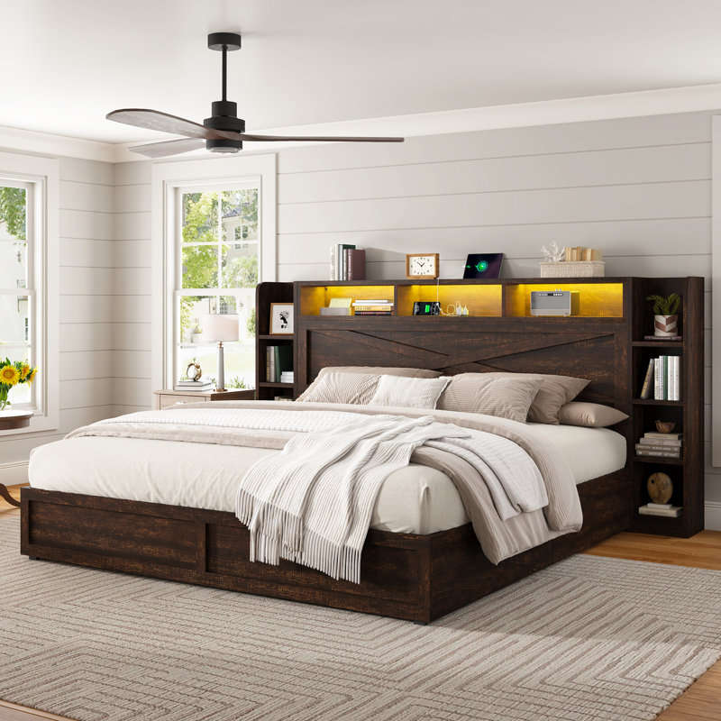 Lit avec rangement Coey Farmhouse, Grand lit, Brun