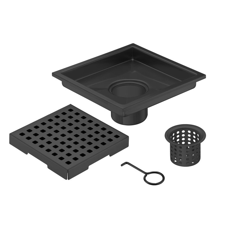 Ensemble de bonde de douche carrée 6 po en chrome, acier inoxydable avec bride en ABS et grille amovible, Noir mat