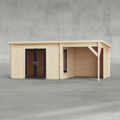 Powersheds 20 x 12ft Pent Canopy Log Cabin, Double doors - 44mm
