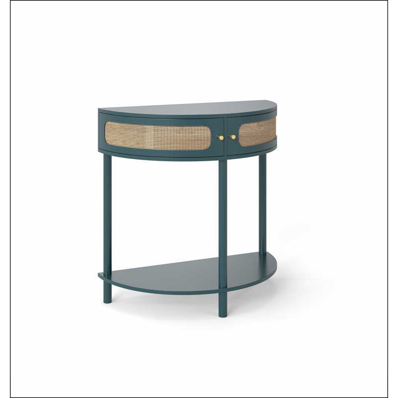 Unique Half Moon Design End Table with Sliding Rattan Door,Elegant Semi-circle Entryway Console Table with 2 Rattan Storage Cabinet and Bottom Shelf for Living room, Bedroom, Study, Hallway(Green)