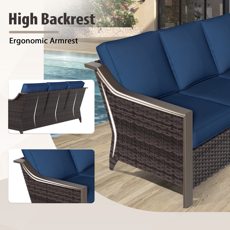 4-Piece Patio PE Wicker Conversation Set with Metal Coffee Table, 3-Seat Sofa, Chairs & Blue Cushions, Blue