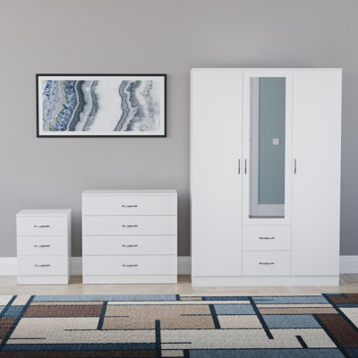 Maybery 3 Piece Bedroom Set (3 Drawer Bedside Chest, 4 Drawer Chest, 3 Door 2 Drawer Mirrored Wardrobe), (5)