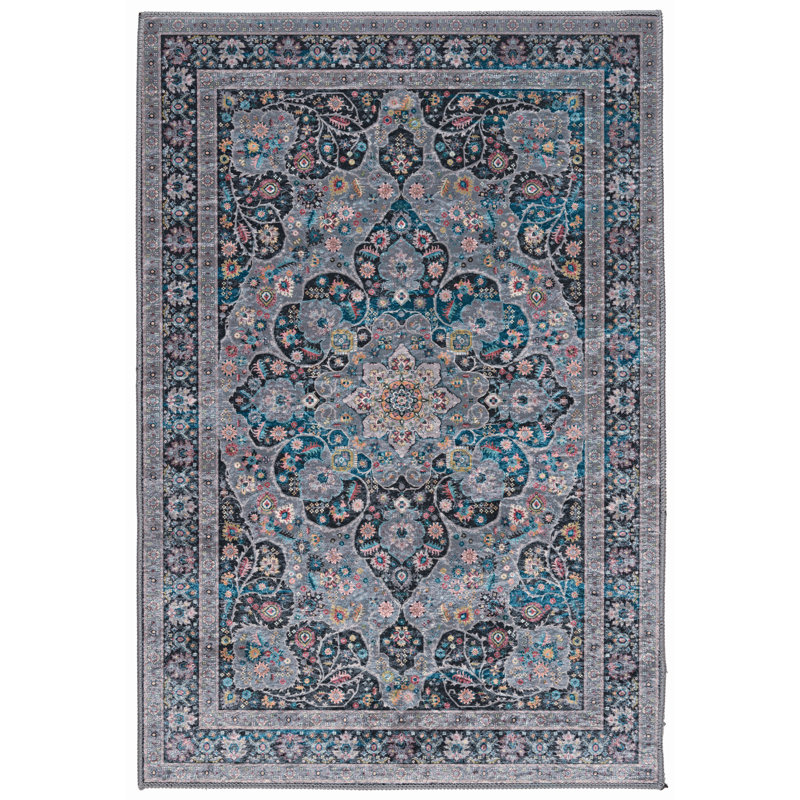 Breedlove Traditional Machine Woven Flatweave Gray and Blue Area Rug with Non Skid Backing, Rectangle 2'2" x 3'2"