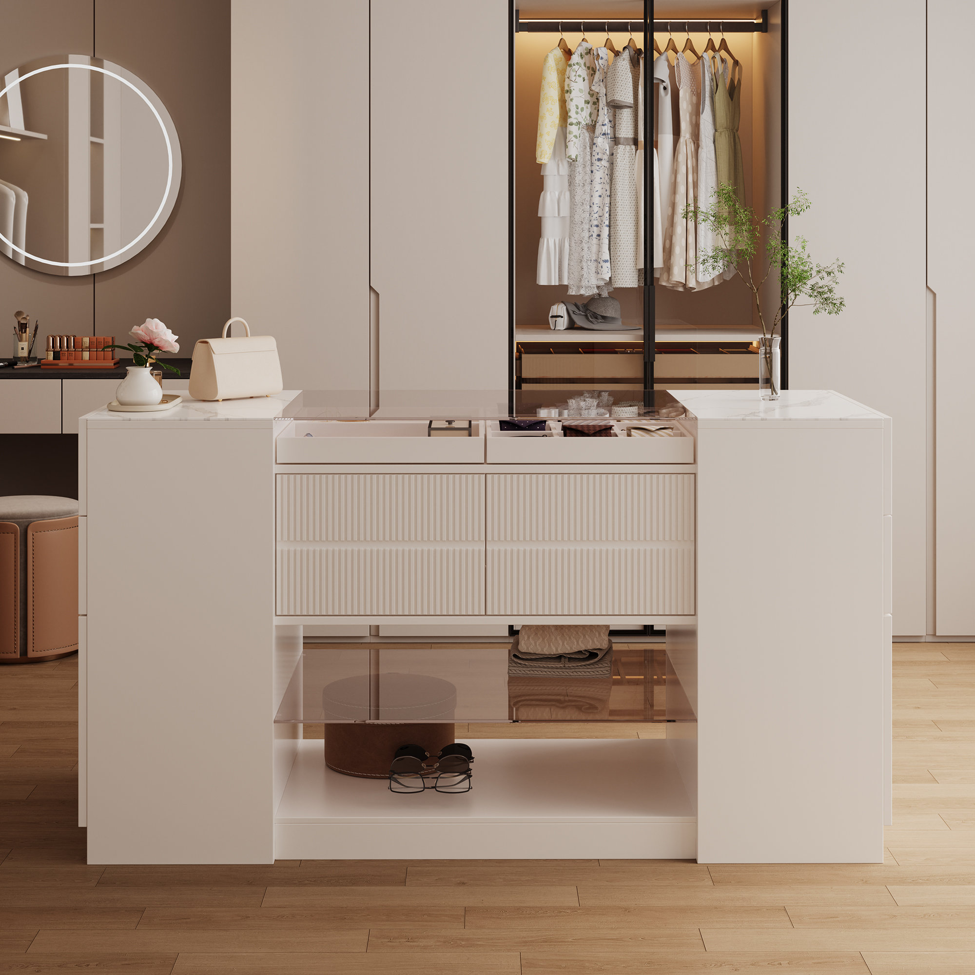 Orren Ellis Makeup & Jewelry Organizer Vanity With Tempered Glass & Sintered Stone Top – Partitioned Drawers & Open Shelves | Wayfair