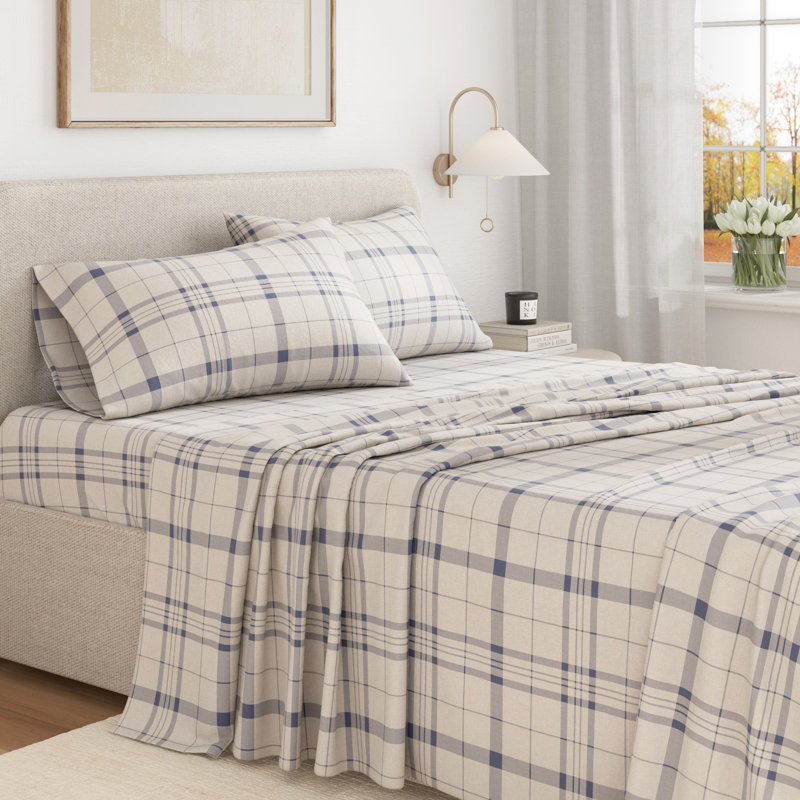 100% Turkish Cotton Plaid Flannel Sheet Sets, Full Sheet Set with 2 Pillowcases, Cool Plaid Striped