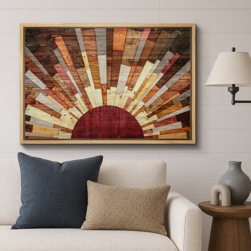 «Western Wood Effect Landscape Brown Sun Rays», impression rustique sur toile encadrée, H 24 po x l 36 po, Naturel