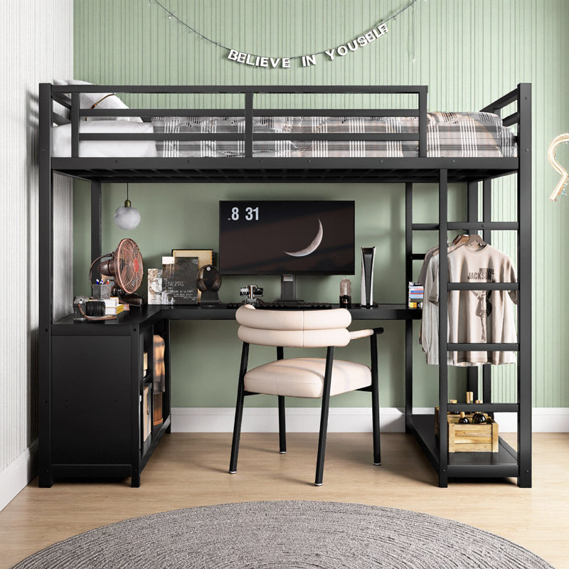 Lit mezzanine simple peu encombrant avec bureau d'étude en L et garde-robe ouverte - Rangement intégré pour enfants, adolescents et adultes