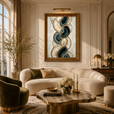 Teal and White Geode Agate Crystals with Gold Outline Canvas Wall Art