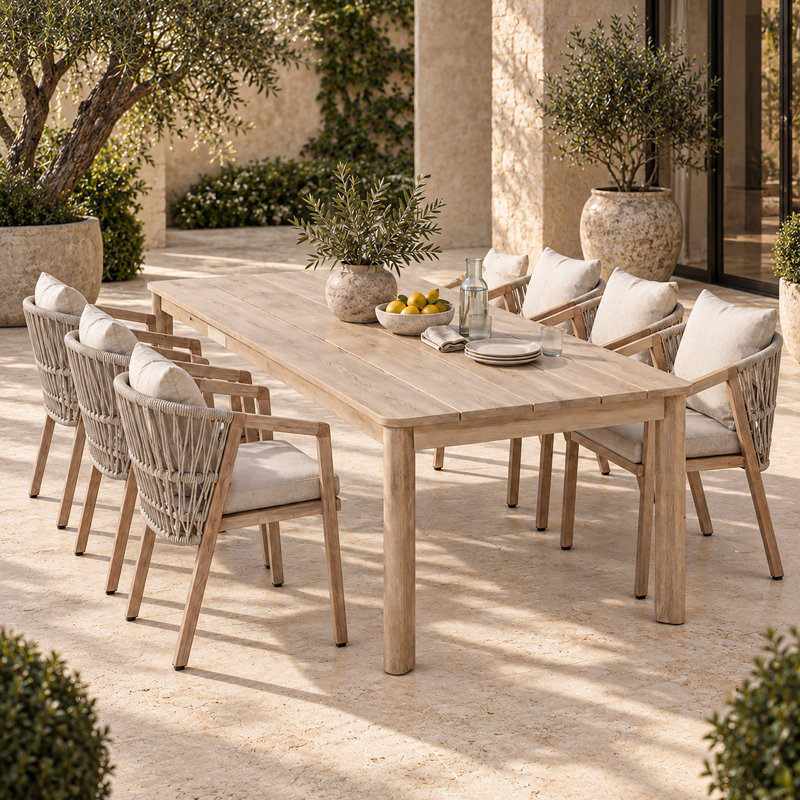 Ensemble de salle à manger de patio en bois d'acacia pour 6 personnes avec coussins amovibles
