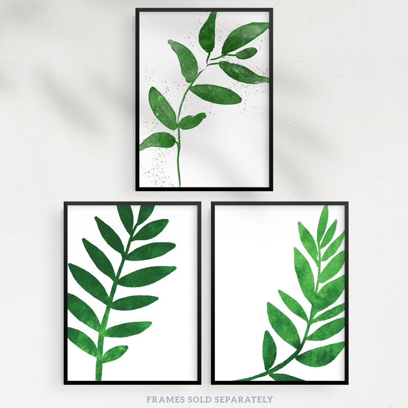Simple Elegant Plant Leaf Foliage Bright Green Watercolour - 3 Piece No Frame Print Set, 40.5cm H x 30.5cm W x 0.3cm D