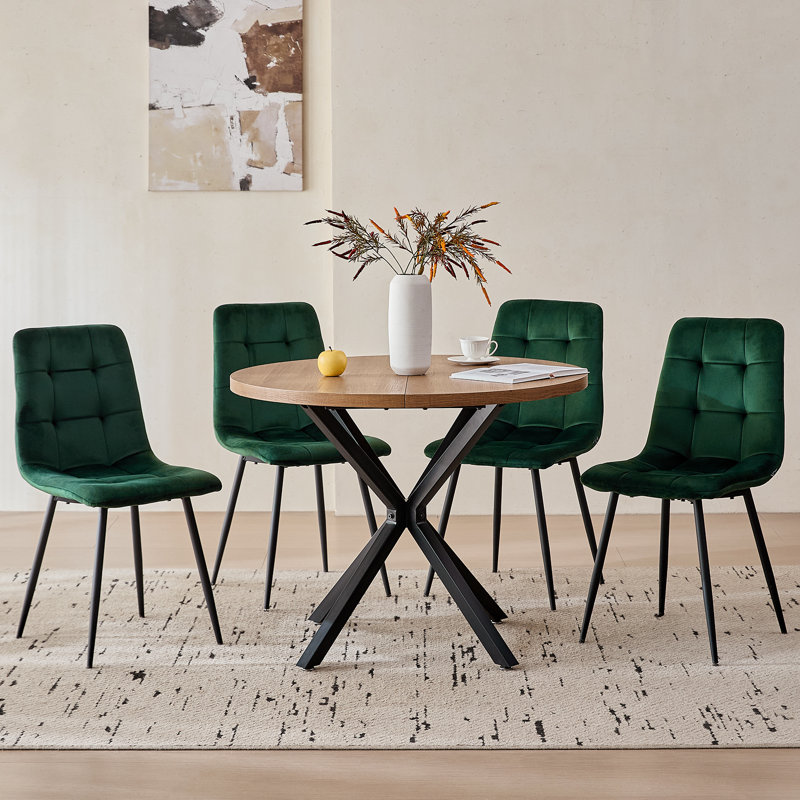 Ensemble de table de salle à manger 39 po pour 4 personnes, table de salle à manger moderne de style Mid-Century brun avec 4 chaises en velours vert pour le salon, la maison