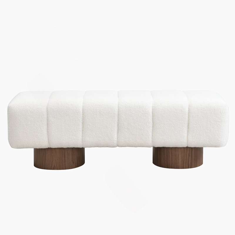 Upholstered Dining Bench For Dining Room, No-Assembly End Of Bed Entryway Bench Ottoman For Bedroom Living Room, White Boucle Fabric Stool Top Wood Leg 300 LBS Weight Capacity