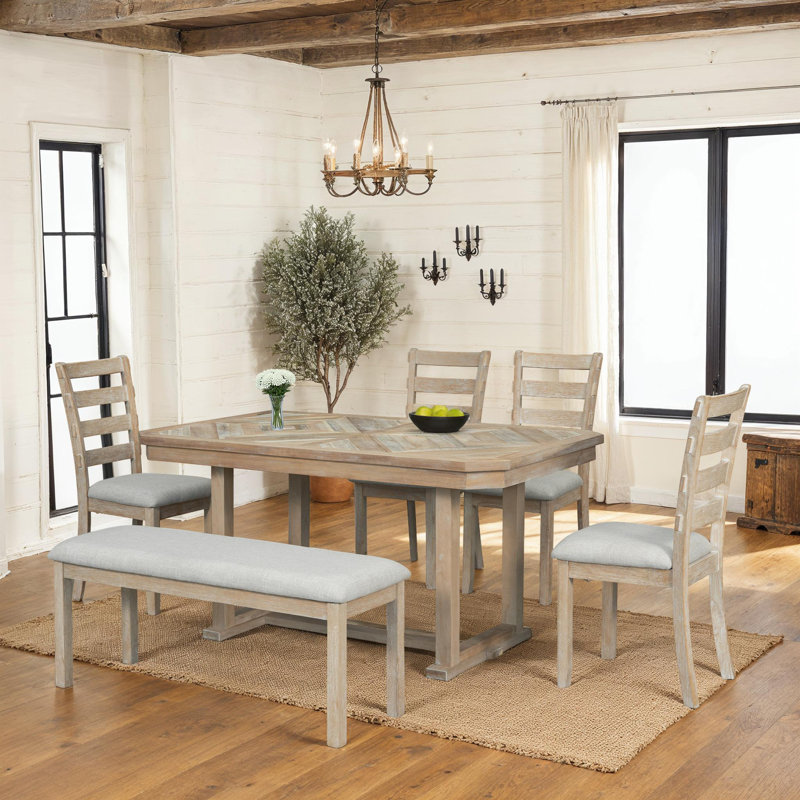 Ensemble de table de salle à manger 6 pièces en bois d'hévéa de style rétro avec plateau en grain de bois, 4 chaises à coussin moelleux et 1 banc 