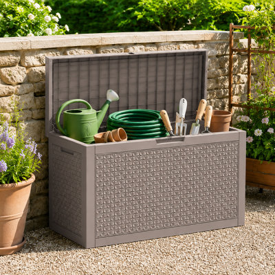 Boîte de rangement de 100 gallons, boîte de rangement extérieure en résine pour coussins d'extérieur, outils de jardin et fournitures de piscine, imperméable, verrouillable, gris