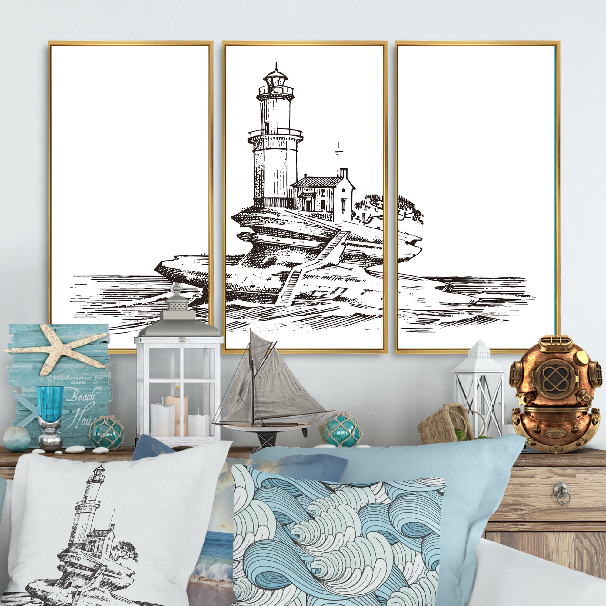 Monochrome Lighthouse And Sea Framed On Canvas 3 Pieces Print