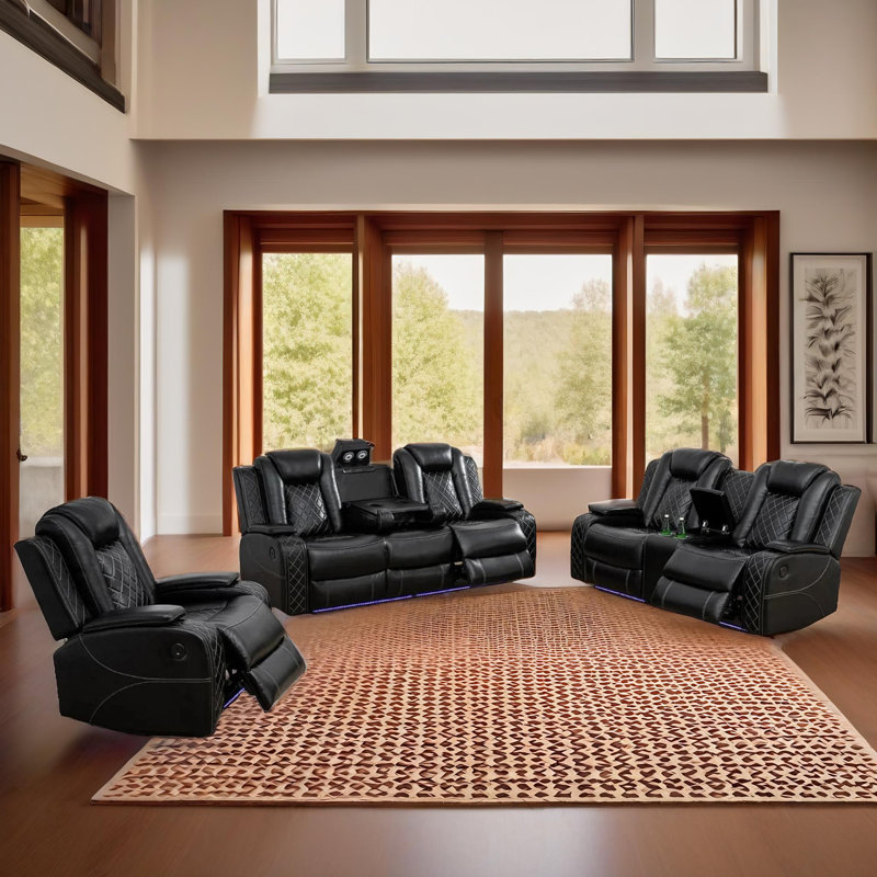Ensemble de canapé inclinable en cuir 3 pièces Lithia Vegan avec chargeur sans fil, porte-gobelets et lumières DEL