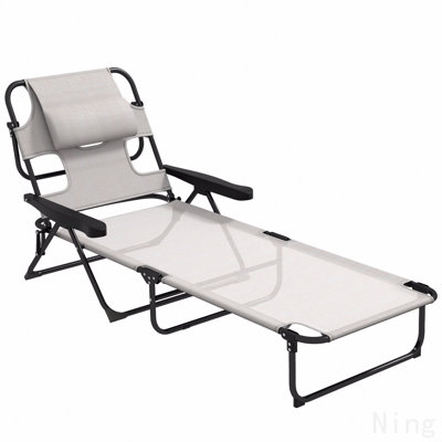 Tanning Chaise Lounge Chair, 4-Position Beach Chair With Face & Arm Holes, Pillow Headrest, Adjustable Sunbathing Chair, Cream White