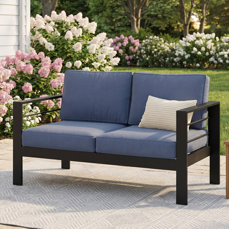 Canapé d'extérieur tout en aluminium pour 2 personnes toutes saisons, canapé de patio surdimensionné en métal avec assise profonde de 27,5 po et accoudoirs larges de 3,2 po, causeuse extérieure avec coussins en oléfine résistants aux intempéries pour la cour, le jardin et la terrasse