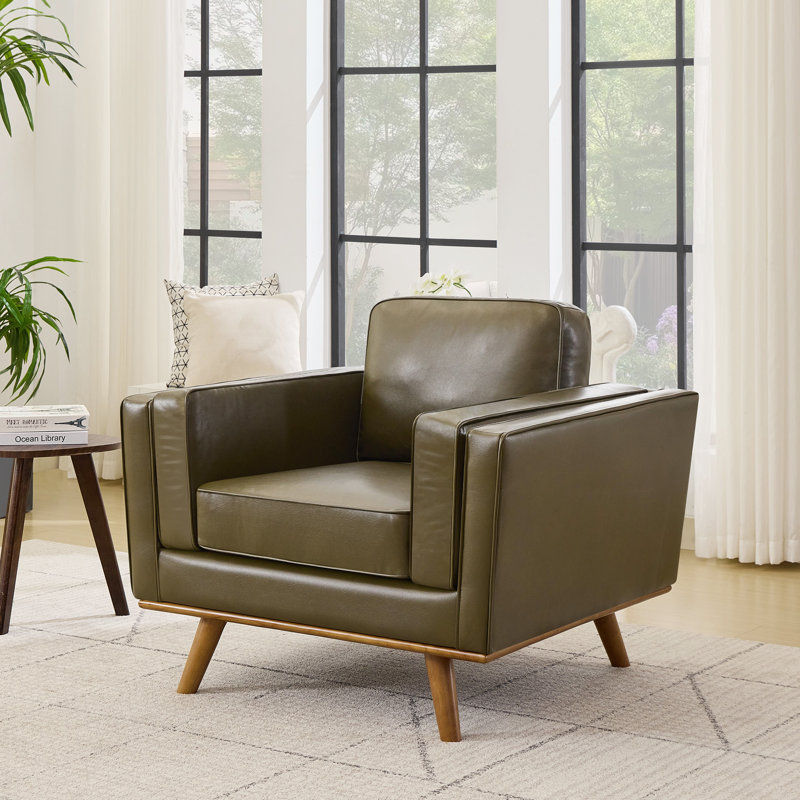 Fauteuil en cuir avec pieds en bois massif, Vert