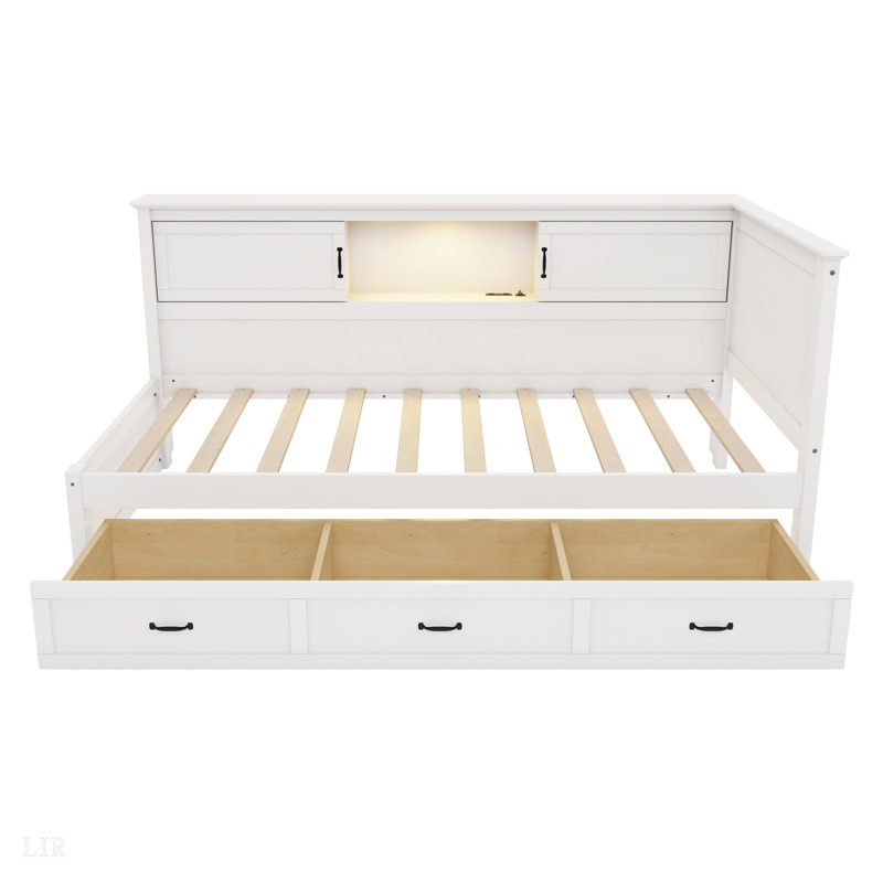 L-Shaped Bed Frame With Drawer And And Bookcase,Corner Bed Wooden Captain Bed With Led Downlight And USB Port For Small Room,Bedroom, Guest Room, Bed Frame
