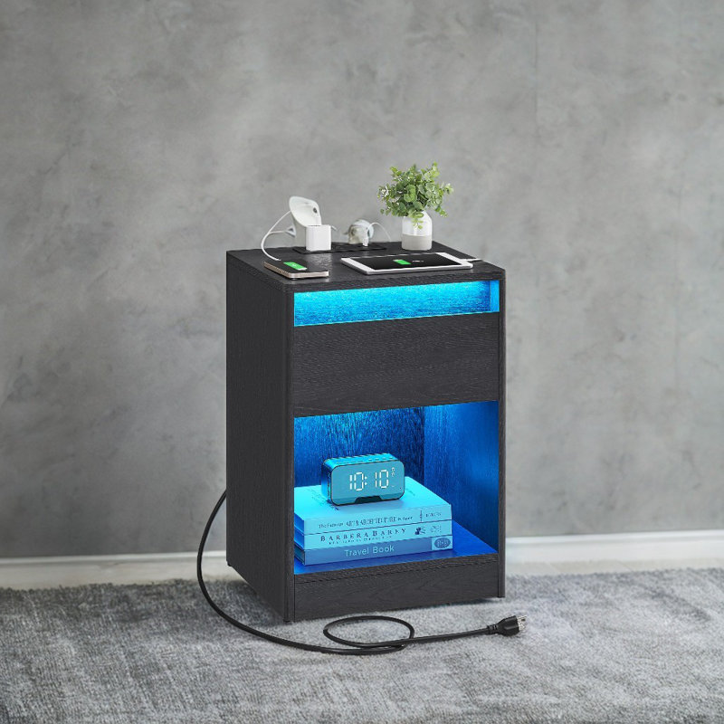 Side End Table With Adjustable Led Lights, Black