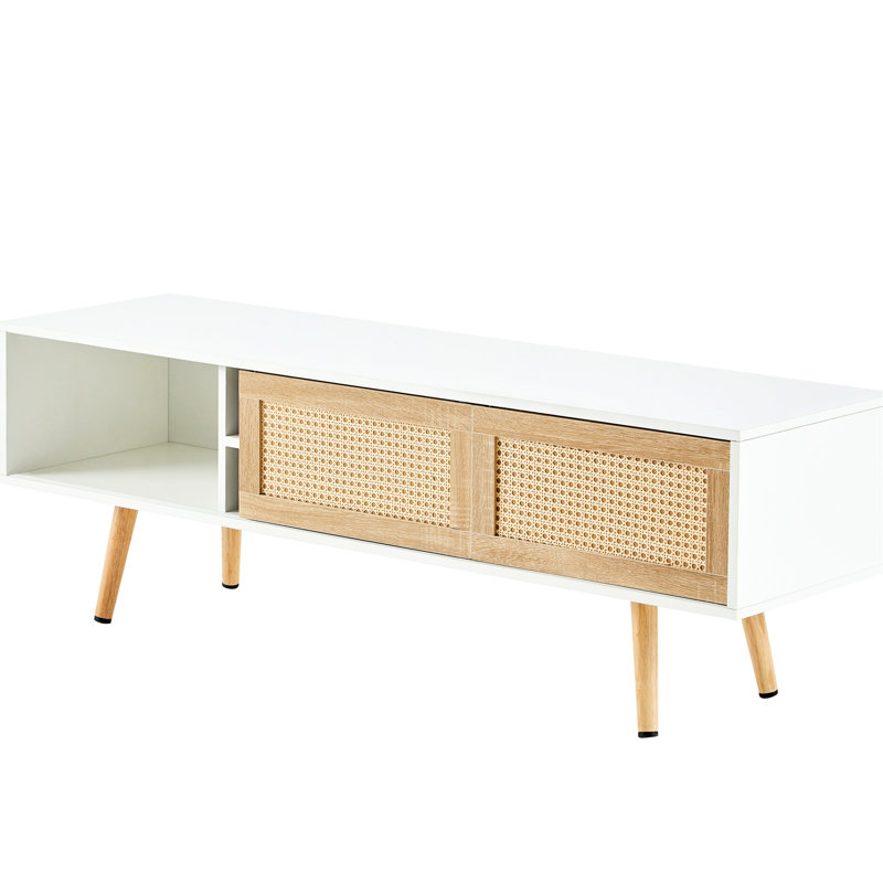 Meuble télé 53,59 po avec pieds en bois massif, blanc, portes coulissantes doubles, tablette ajustable pour cabinet blanc, 53,59 po, tablette, espace de rangement pour les pieds